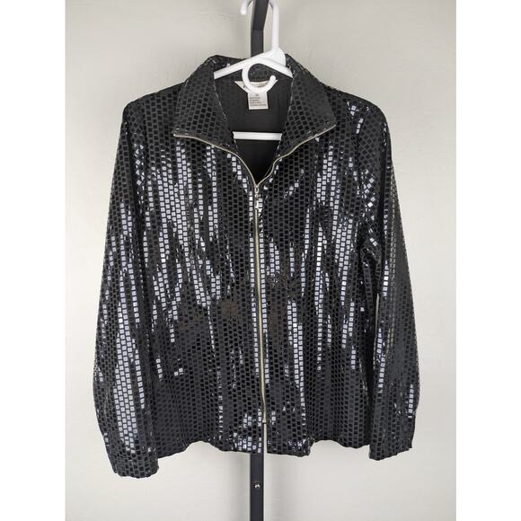 Vintage Misook black full zip knit packet shiny square paillettes - Picture 1 of 5